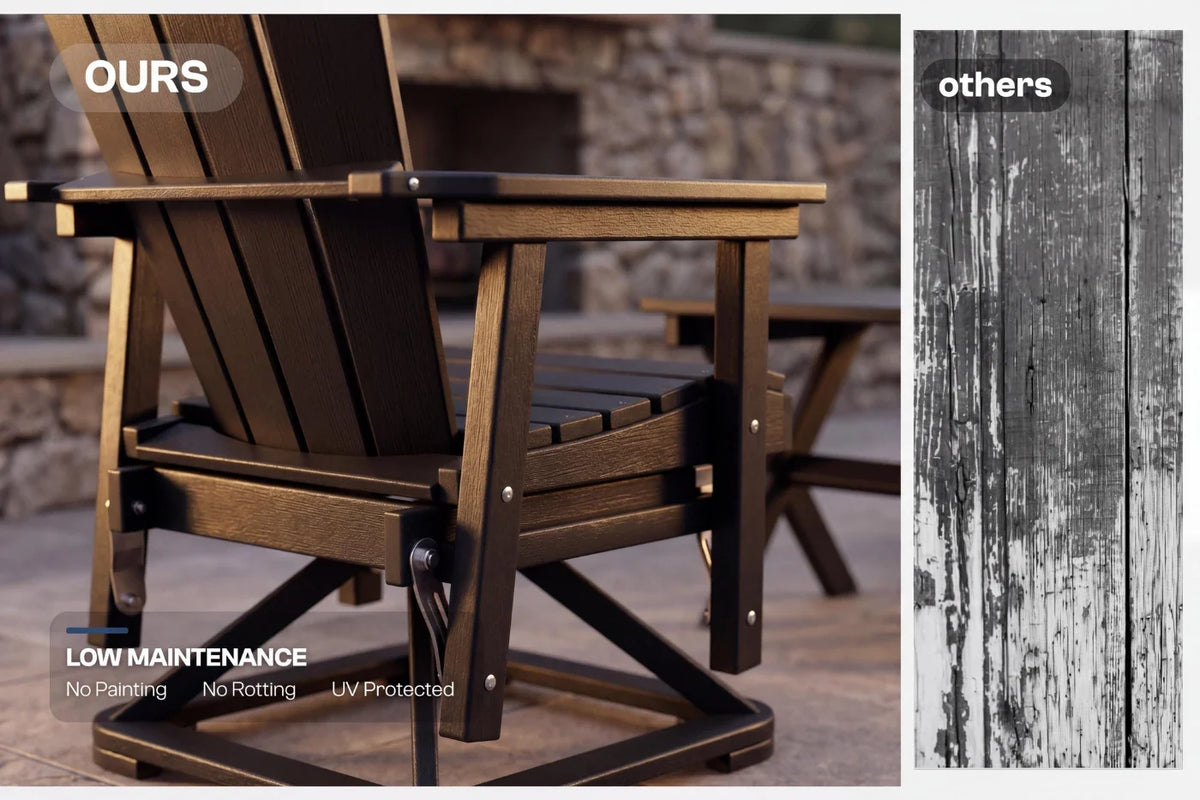 Adirondack swivel glider chair with 'Ours' label on left, 'Others' label on right, and wood texture comparison.