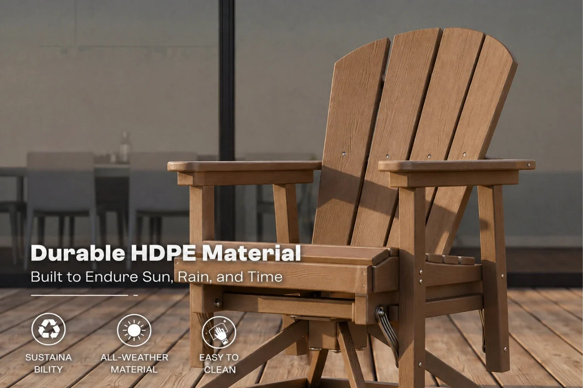 Brown chair on a deck with text about durable HDPE material