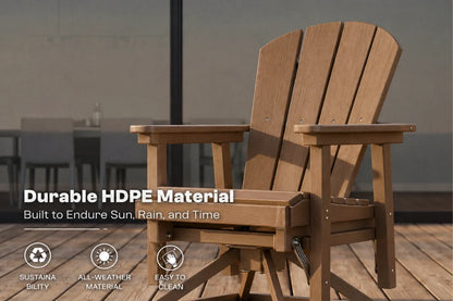 Brown chair on a deck with text about durable HDPE material