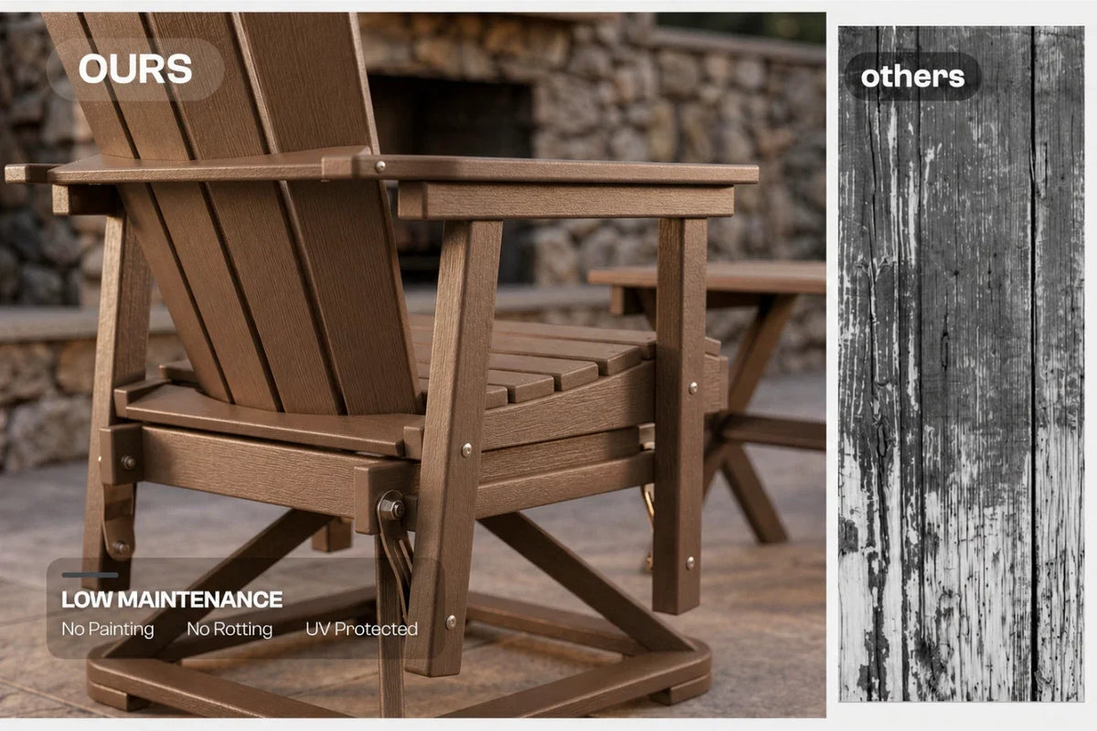 Brown chair with 'OURS' text and comparison to 'others' on a stone patio.