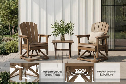 Two brown Adirondack chairs with a small table on a deck, featuring text about product features.