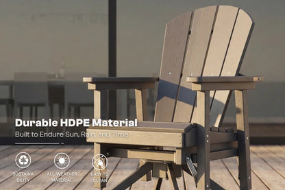 Two Adirondack chairs on a wooden deck with text about durable HDPE material.