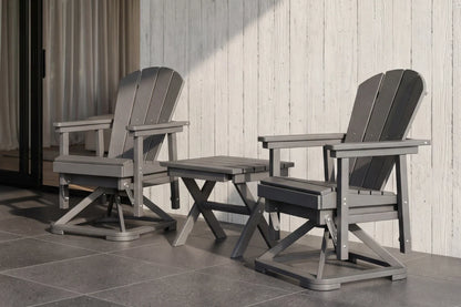 Two Adirondack chairs with a small table on a patio.