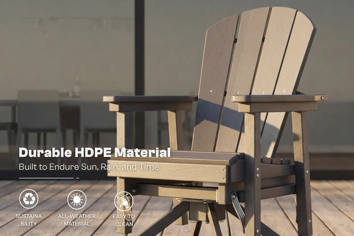 Two Adirondack chairs on a wooden deck with text about durable HDPE material.