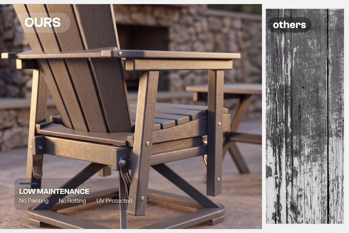 Adirondack swivel glider chair with 'Ours' label on left, 'Others' label on right, showing durability comparison.