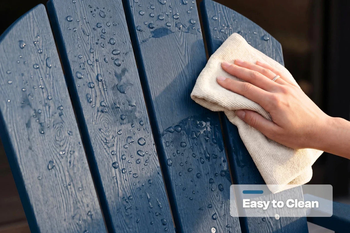Hand cleaning a navy blue surface with a cloth, labeled 'Easy to Clean'.