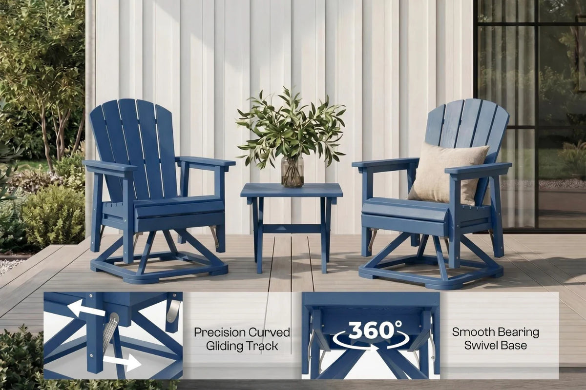 Two navy blue Adirondack chairs with a small table on a patio, featuring text about chair features.