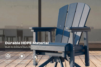 Navy blue Adirondack chair on a wooden deck with text about durable HDPE material.