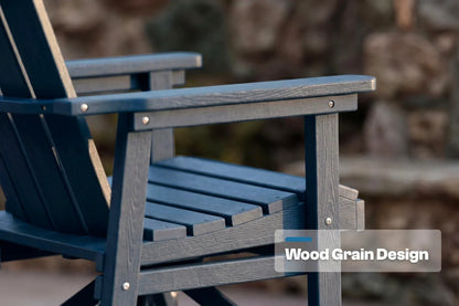 Adirondack swivel glider chair with a wood grain design label in an outdoor setting