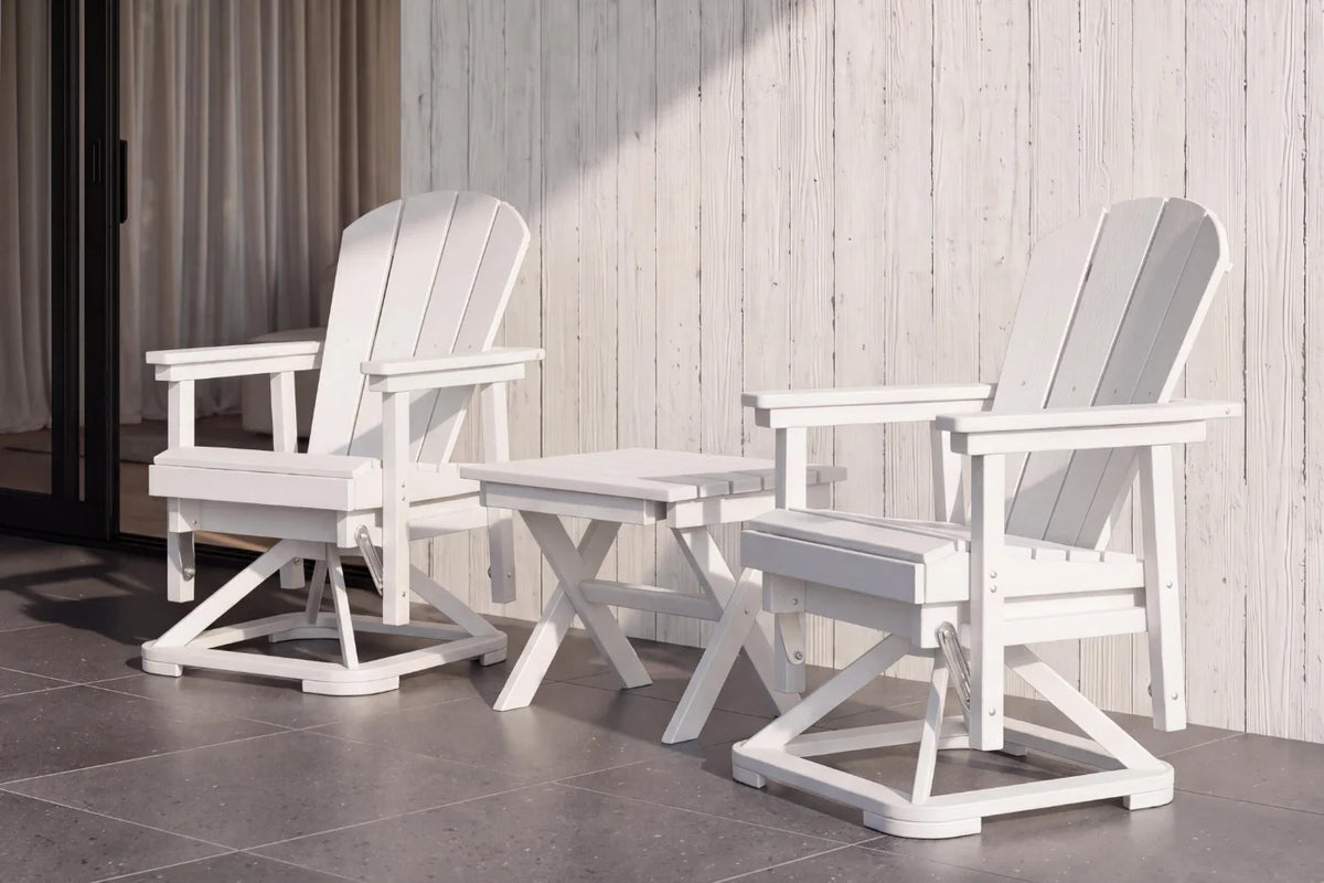 White outdoor furniture set with two chairs and a small table on a tiled floor.