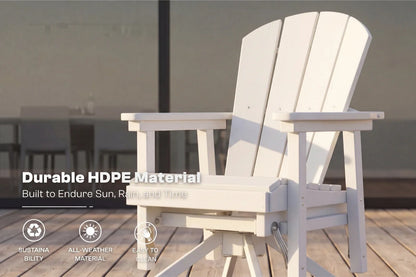 White Adirondack chair on a wooden deck with text about durable HDPE material.