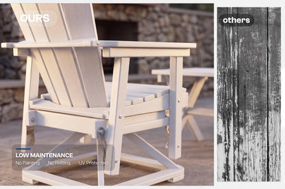 Adirondack swivel glider chair with 'OURS' label on a stone background, comparing to 'others' with a textured wood pattern.
