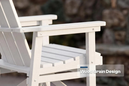 White chair with 'Wood Grain Design' label on a blurred background