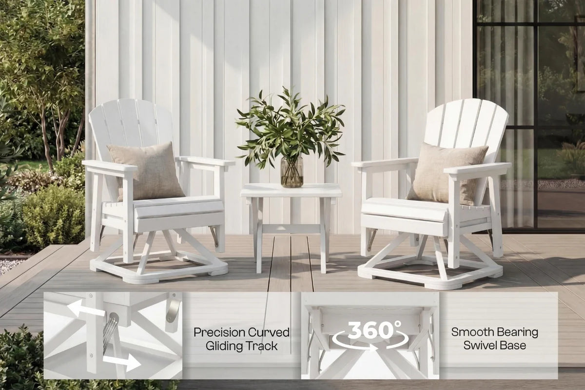 Two white chairs with a small table on a wooden deck, featuring text about their features.