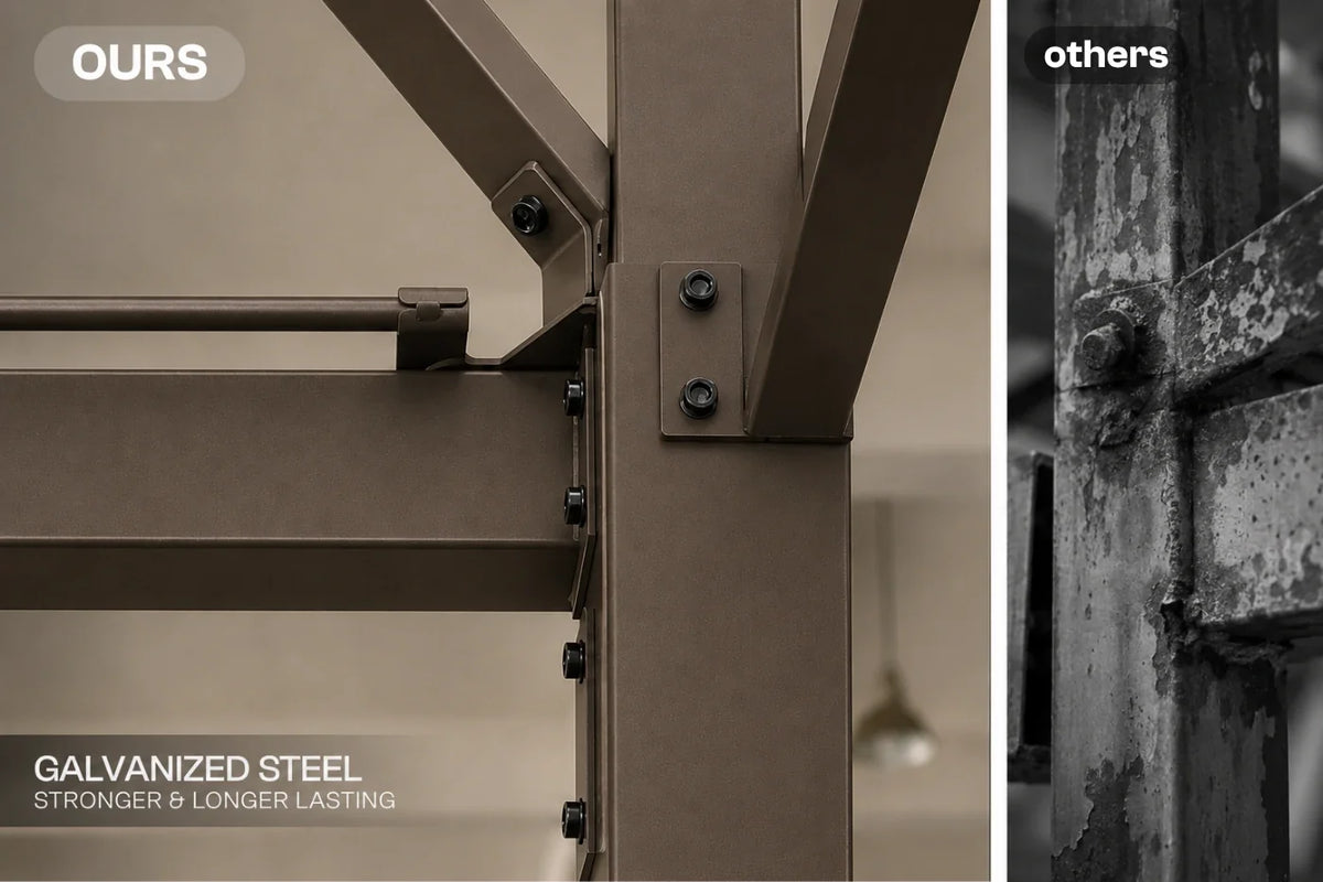 Close-up of a galvanized steel industrial frame joint with text reading 'OURS' and 'GALVANIZED STEEL STRONGER & LONGER LASTING', alongside a black-and-white inset labeled 'others'.