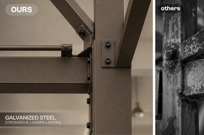 Close-up of a galvanized steel industrial frame joint with text reading 'OURS' and 'GALVANIZED STEEL STRONGER & LONGER LASTING', alongside a black-and-white inset labeled 'others'.