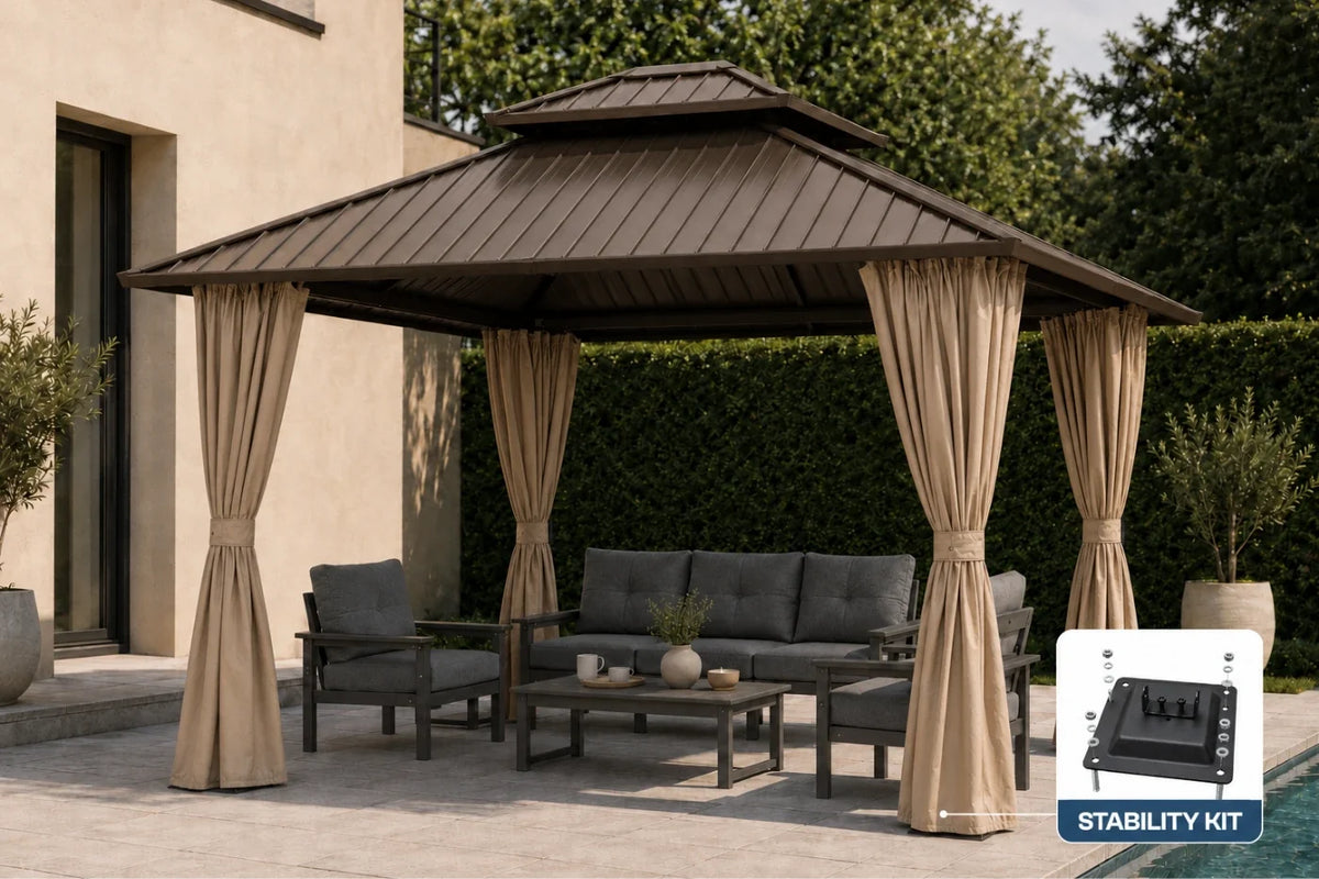 A brown gazebo with beige curtains over a patio seating area, shown outdoors next to a house and hedge. A small inset in the bottom right shows a stability kit accessory.
