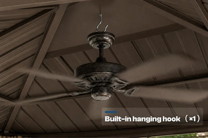 A dark ceiling fan hanging from a built-in hook on a brown pavilion ceiling, with a text overlay that reads 'Built-in hanging hook (x1)'.