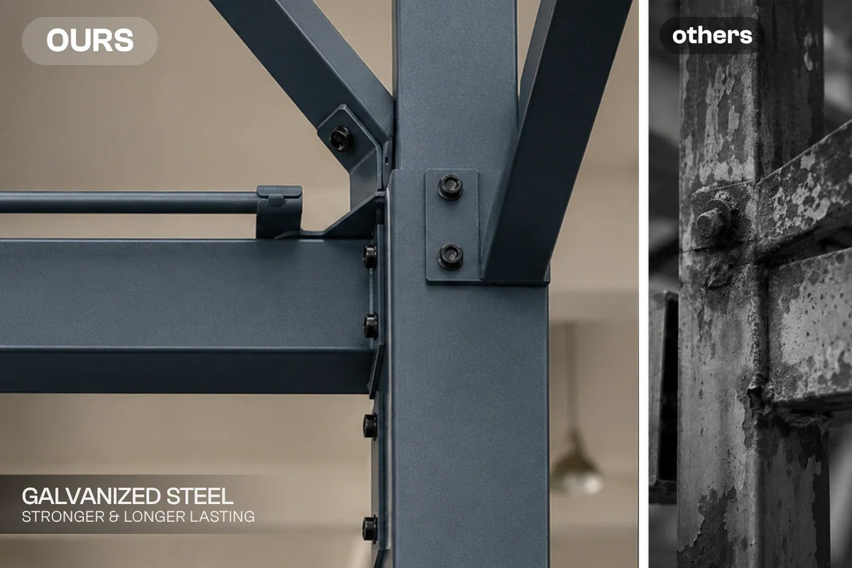 Close-up of a galvanized steel shelf bracket with dark blue-gray painted metal and a textured black-and-white comparison panel labeled 'others'. Text reads 'OURS' and 'GALVANIZED STEEL STRONGER & LONGER LASTING'.