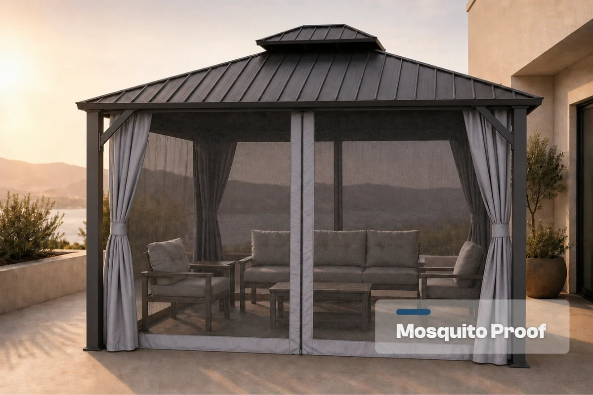 A dark gray hardtop gazebo with netting and curtains, shown on a terrace at sunset with outdoor furniture inside. A 'Mosquito Proof' label is visible in the bottom right corner.