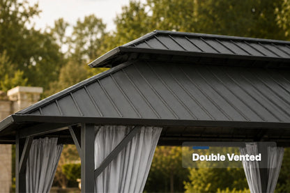Close-up of a dark gray double-vented gazebo roof with curtains hanging underneath, set outdoors with trees in the background. A text overlay reads 'Double Vented'.