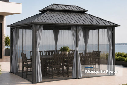 A dark gray outdoor double-roof gazebo with curtains and a dining table and chairs inside, shown on a patio with water and sky in the background. A 'Mosquito Proof' badge is visible in the lower right corner.