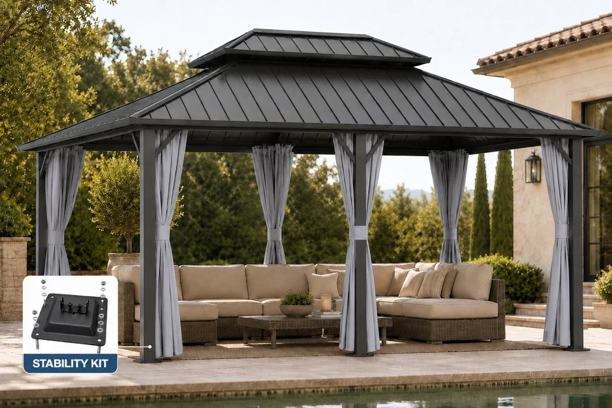 A dark gray double-tiered gazebo with curtains, shown in a backyard setting next to a pool with a beige sectional sofa underneath. An inset in the bottom-left corner shows a stability kit accessory.