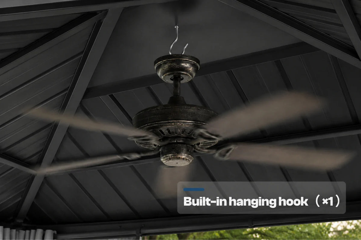 A dark ceiling fan hanging under a  patio roof, with a text overlay that reads 'Built-in hanging hook (x1)'.