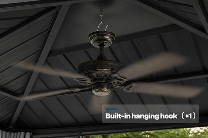 A dark ceiling fan hanging under a  patio roof, with a text overlay that reads 'Built-in hanging hook (x1)'.