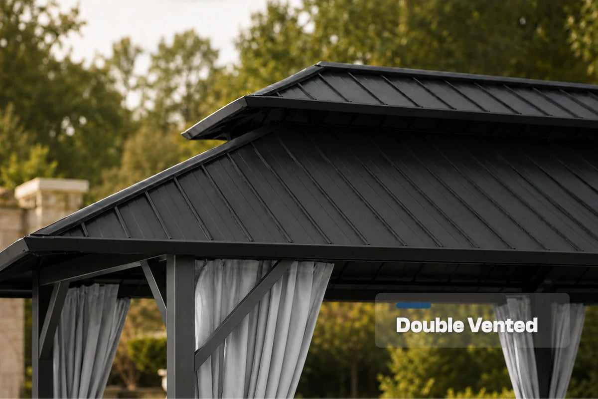 Close-up of a dark gray metal double-vented gazebo roof with gray curtains, set against a blurred outdoor background of trees. A text overlay reads 'Double Vented'.