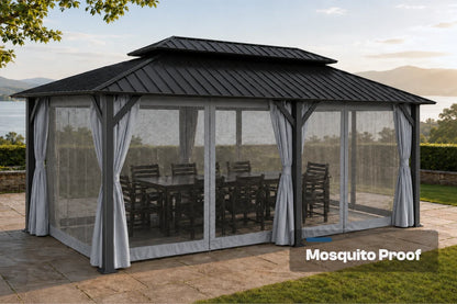 A dark gray outdoor patio gazebo  and a matching dining set, shown on a stone patio with a lake and mountains in the background. A text overlay in the bottom right corner reads 'Mosquito Proof'.