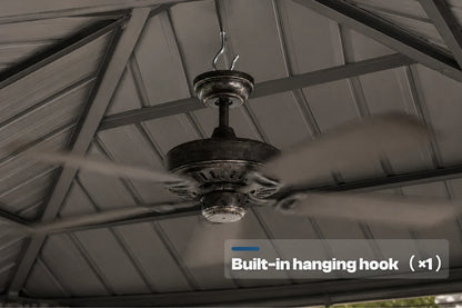 A dark ceiling fan hanging from a patio roof, with a text overlay at the bottom right that reads 'Built-in hanging hook (x1)'.