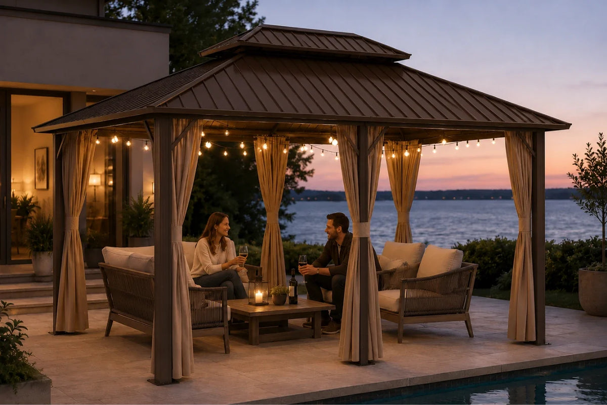 A large brown outdoor patio gazebo with curtains and warm string lights, housing two people sitting on wicker patio furniture by a pool at dusk, with water and sky in the background.
