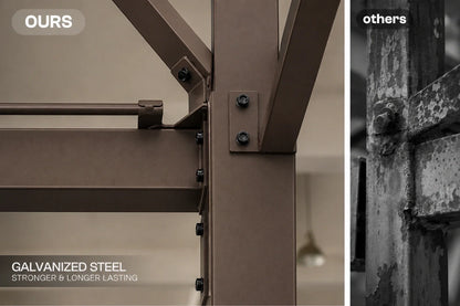 Close-up of a galvanized steel metal post and bracket assembly with text reading 'OURS' and 'GALVANIZED STEEL STRONGER & LONGER LASTING', alongside a side panel labeled 'others' showing a weathered metal close-up.