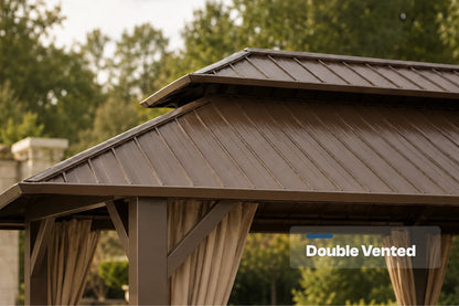 Close-up of a brown double-vented gazebo roof with curtains and outdoor trees in the background. A text overlay reads 'Double Vented'.