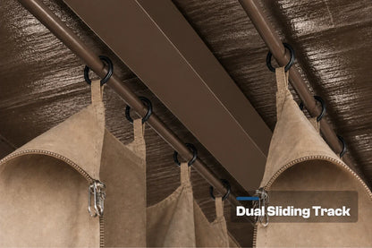 Close-up of a curtain track system with curtains hanging from black rings on a brown dual sliding track, with a text overlay reading 'Dual Sliding Track'.