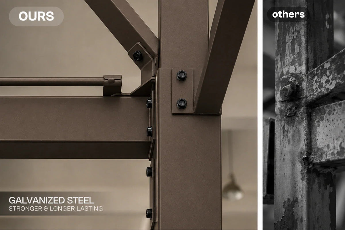 Close-up of a galvanized steel support column and bracket assembly with text reading 'OURS' and 'GALVANIZED STEEL STRONGER & LONGER LASTING.' A grayscale comparison panel labeled 'others' appears on the right.