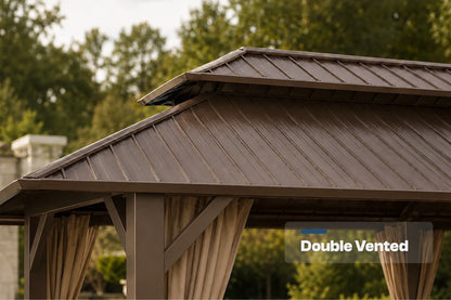 Close-up of a brown gazebo roof with a double vent design, showing the slanted upper flap and side eaves, with curtains hanging below and trees in the background. A text overlay reads 'Double Vented'.