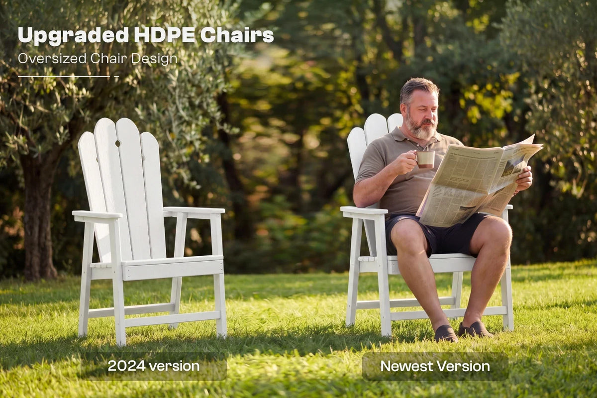 Man sitting on a white HDPE chair reading a newspaper in a garden setting with text about upgraded HDPE chairs.