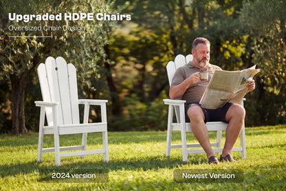 Man sitting on a white HDPE chair reading a newspaper in a garden setting with text about upgraded HDPE chairs.