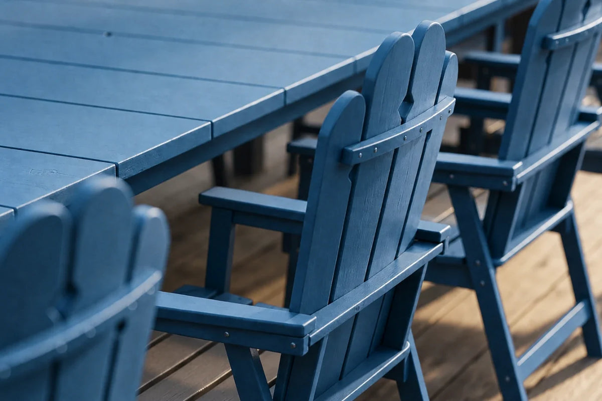 Navy blue outdoor table and chairs on a wooden deck