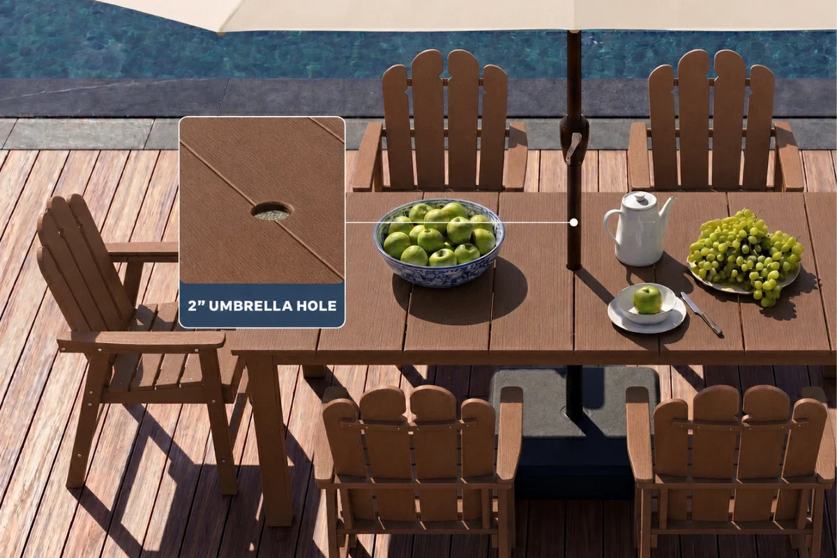 Light brown Outdoor dining set with table and chairs on a wooden deck, featuring an umbrella hole.