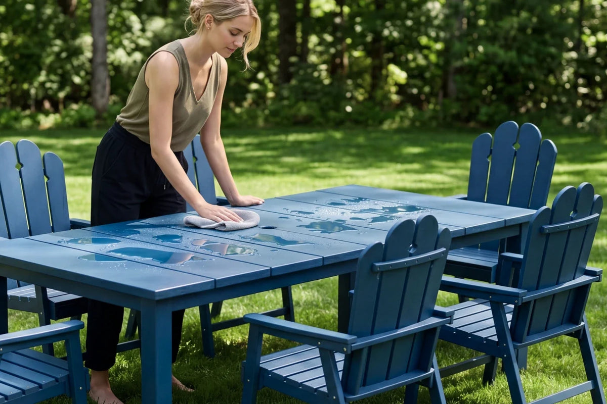 Woman cleaning a navy blue outdoor table with chairs in a garden setting
