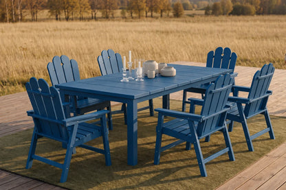 Navy Blue outdoor dining set with table and 6 chairs on a wooden deck with a field background