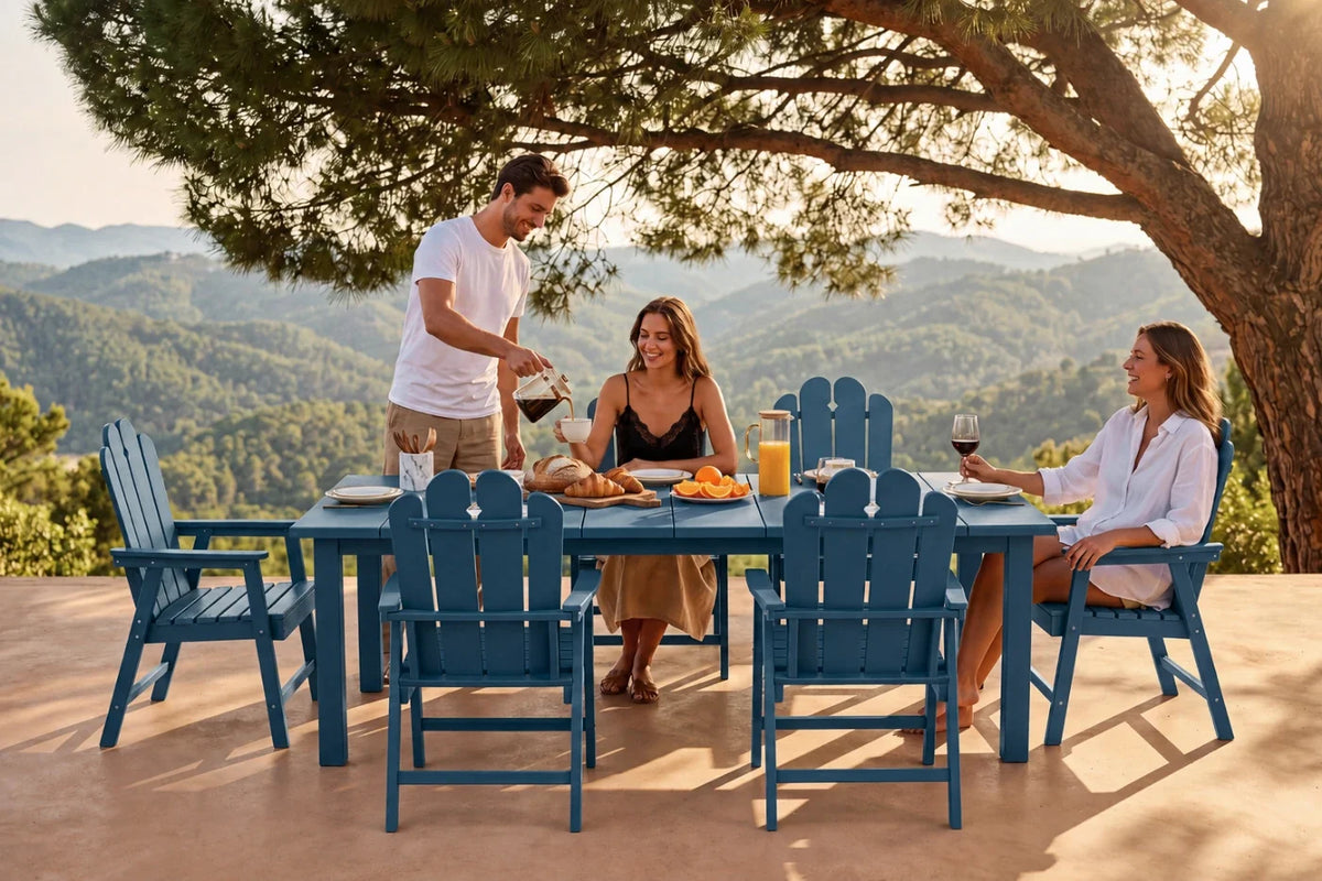Three people sitting at a navy blue outdoor dining table with a scenic mountain view in the background.