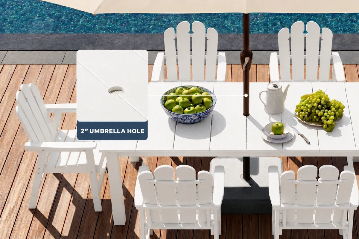 White outdoor dining set with table and chairs on a wooden deck by a pool.