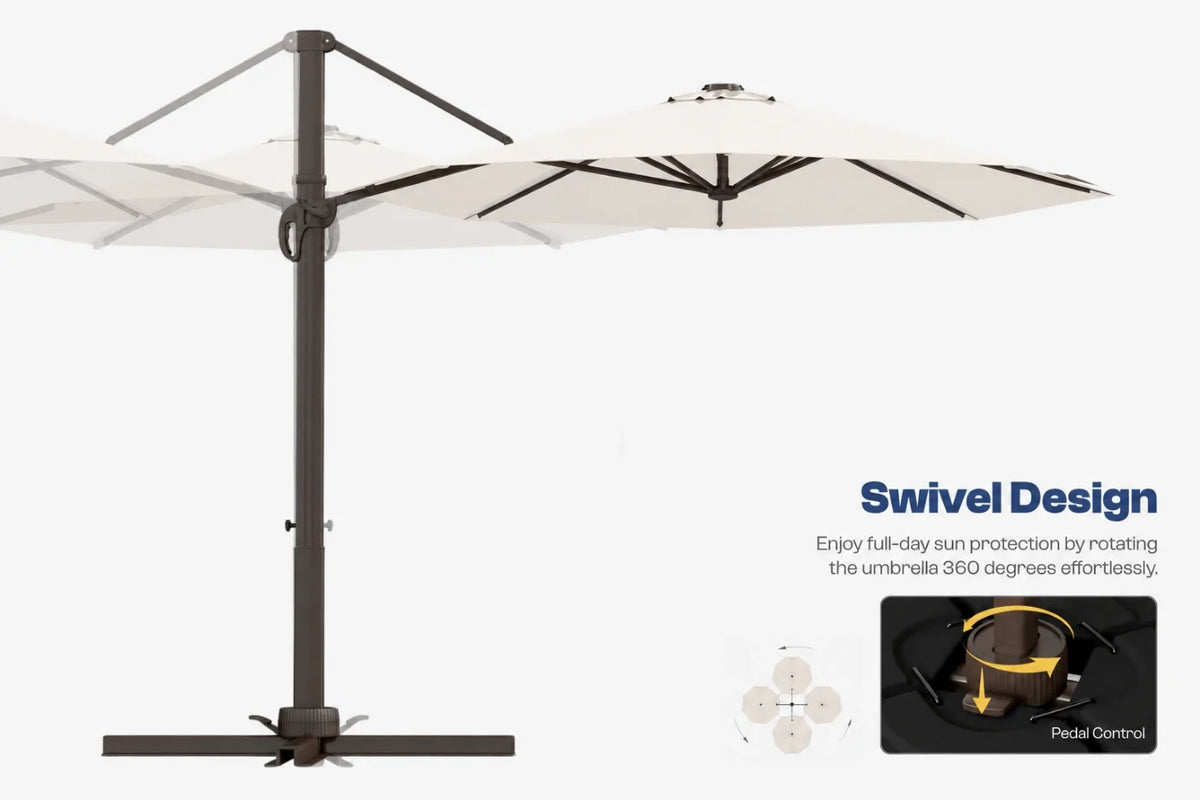 A cantilever-style patio umbrella with a dark metal pole and base, shown partially open on a light gray background. The canopy is creamy white, and the image includes marketing text reading 'Swivel Design' with a small inset showing the rotation mechanism.
