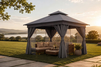 Gazebo with outdoor furniture and curtains in a scenic outdoor setting