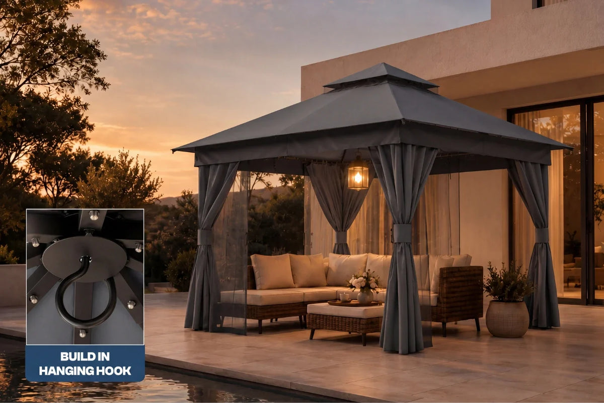Outdoor gazebo with hanging hook feature on a patio at sunset.