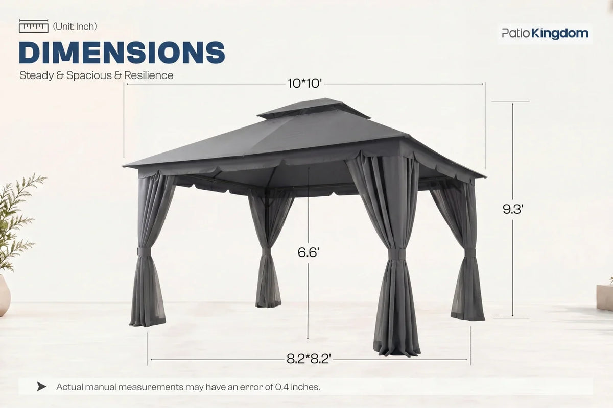 Patio Kingdom gazebo with dimensions on a white background
